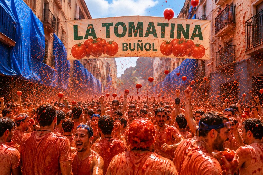 スペイン・ブニョールで開催されるトマト祭り「ラ・トマティーナ」の様子