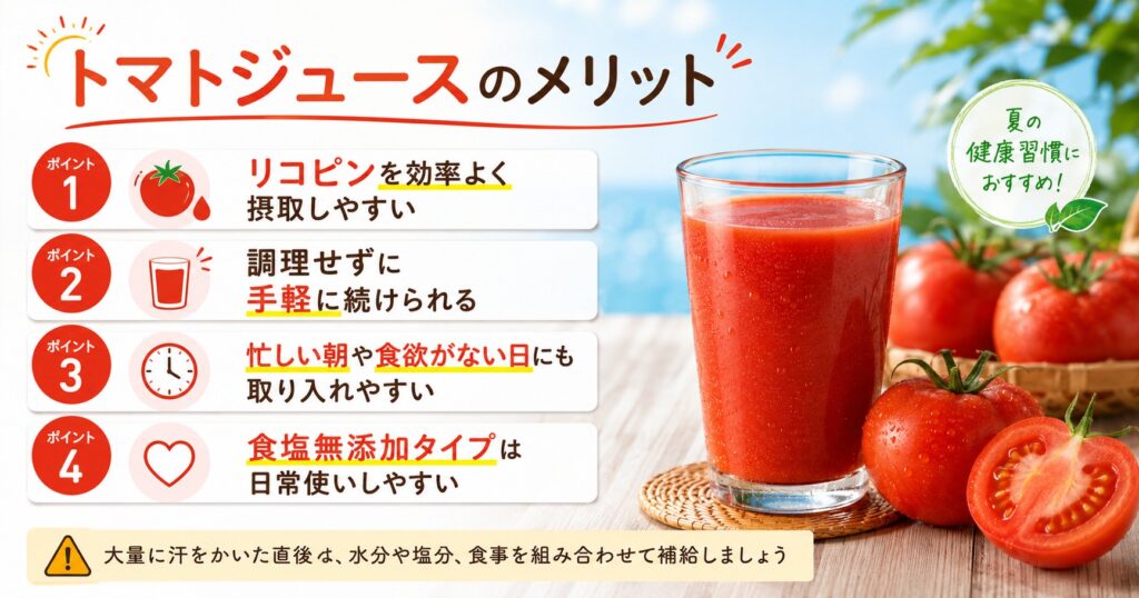 トマトジュースでリコピンを摂取しやすく、手軽に続けられるメリットを紹介した図