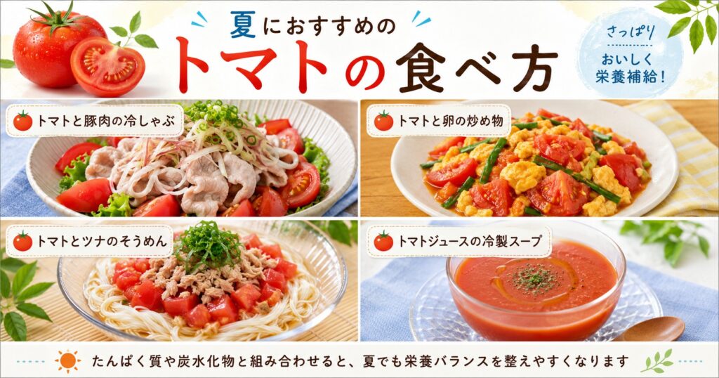 トマトと豚肉の冷しゃぶ、卵炒め、ツナそうめん、トマトジュースの冷製スープを紹介した図