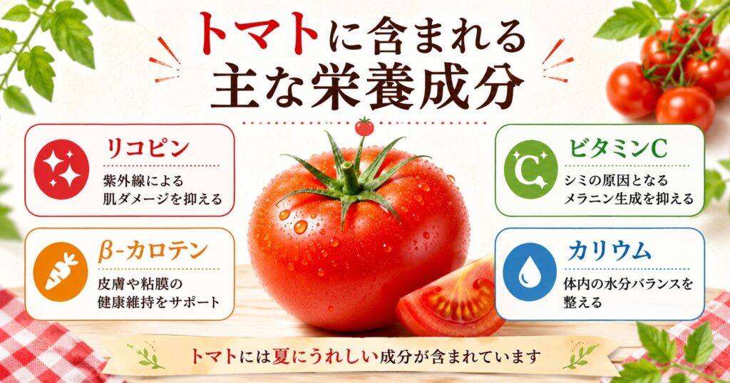 トマトに含まれるリコピン、ビタミンC、βカロテン、カリウムの働きを紹介した図